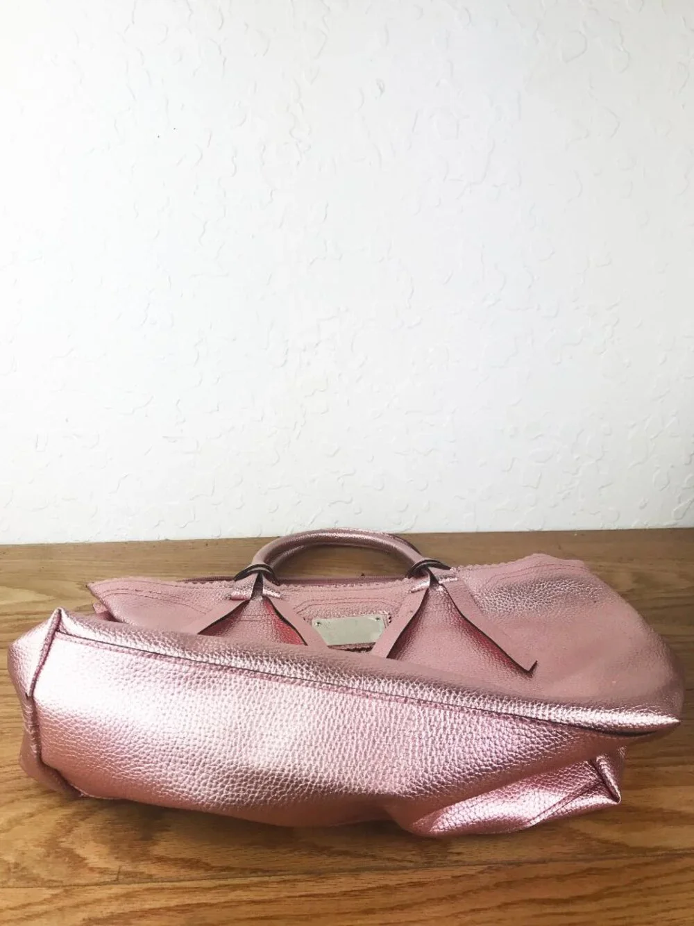 Victoria’s Secret Metallic Pink Tote Bag – Pebbled Faux Leather with Logo Plaque